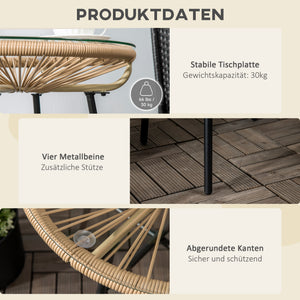 Gartentisch Rattan Boho Stil wetterfest mit Glasplatte beige