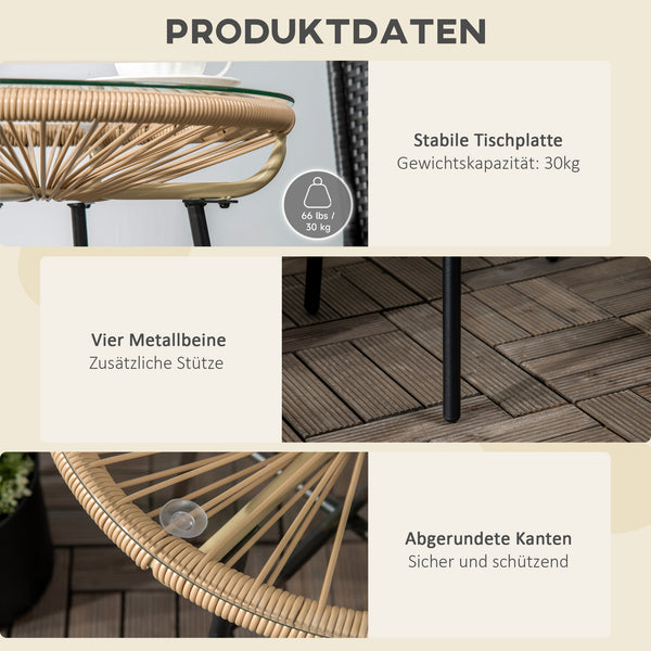 Gartentisch Rattan Boho Stil wetterfest mit Glasplatte beige