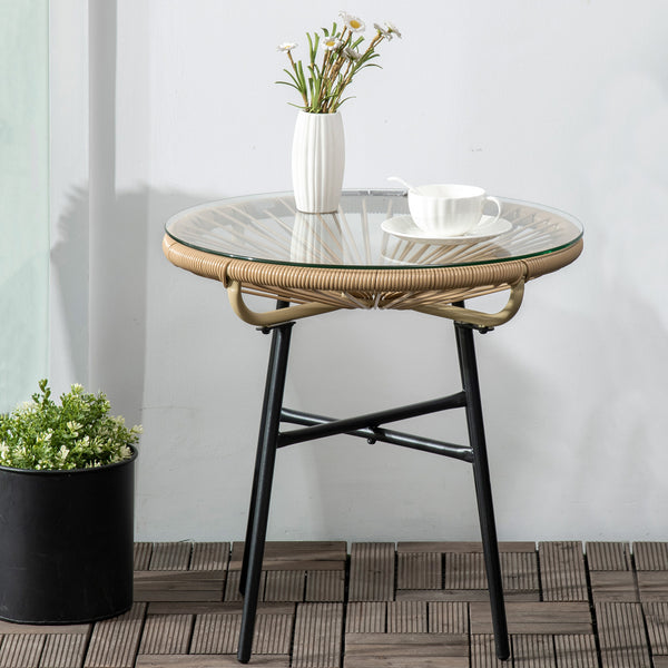 Gartentisch Rattan Boho Stil wetterfest mit Glasplatte beige