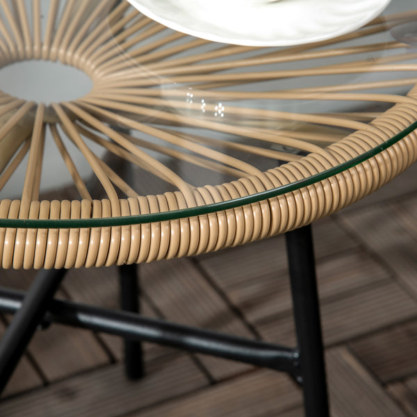 Gartentisch Rattan Boho Stil wetterfest mit Glasplatte beige