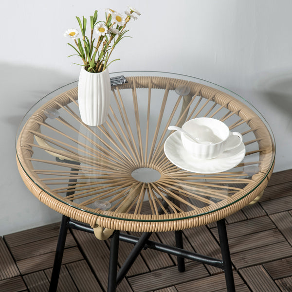Gartentisch Rattan Boho Stil wetterfest mit Glasplatte beige