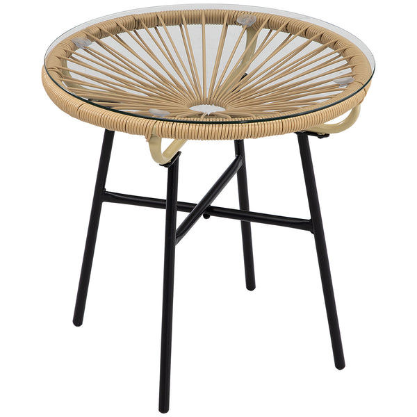 Gartentisch Rattan Boho Stil wetterfest mit Glasplatte beige