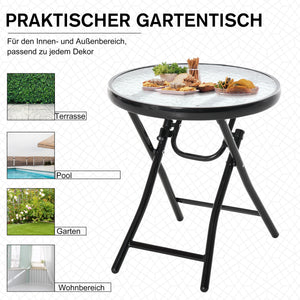 Gartentisch rund klappbar mit Glasplatte für Balkon schwarz