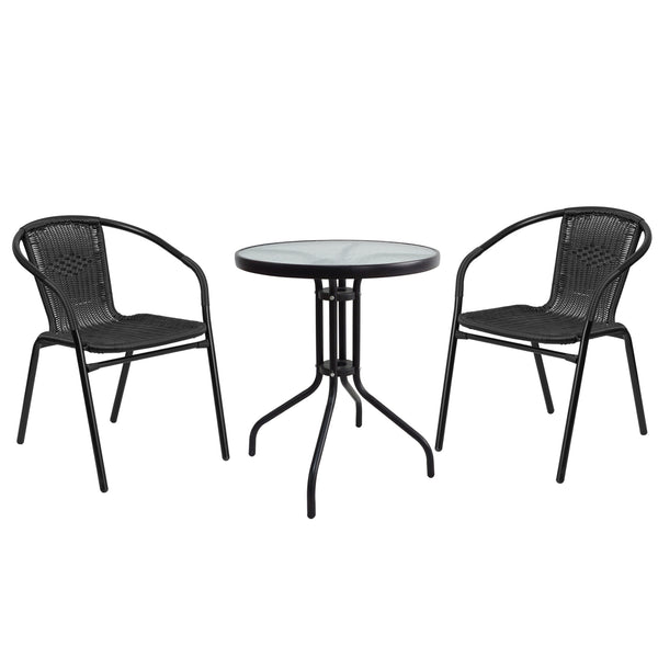 Gartenset mit Tisch rund + 2 Stühlen Rattan schwarz