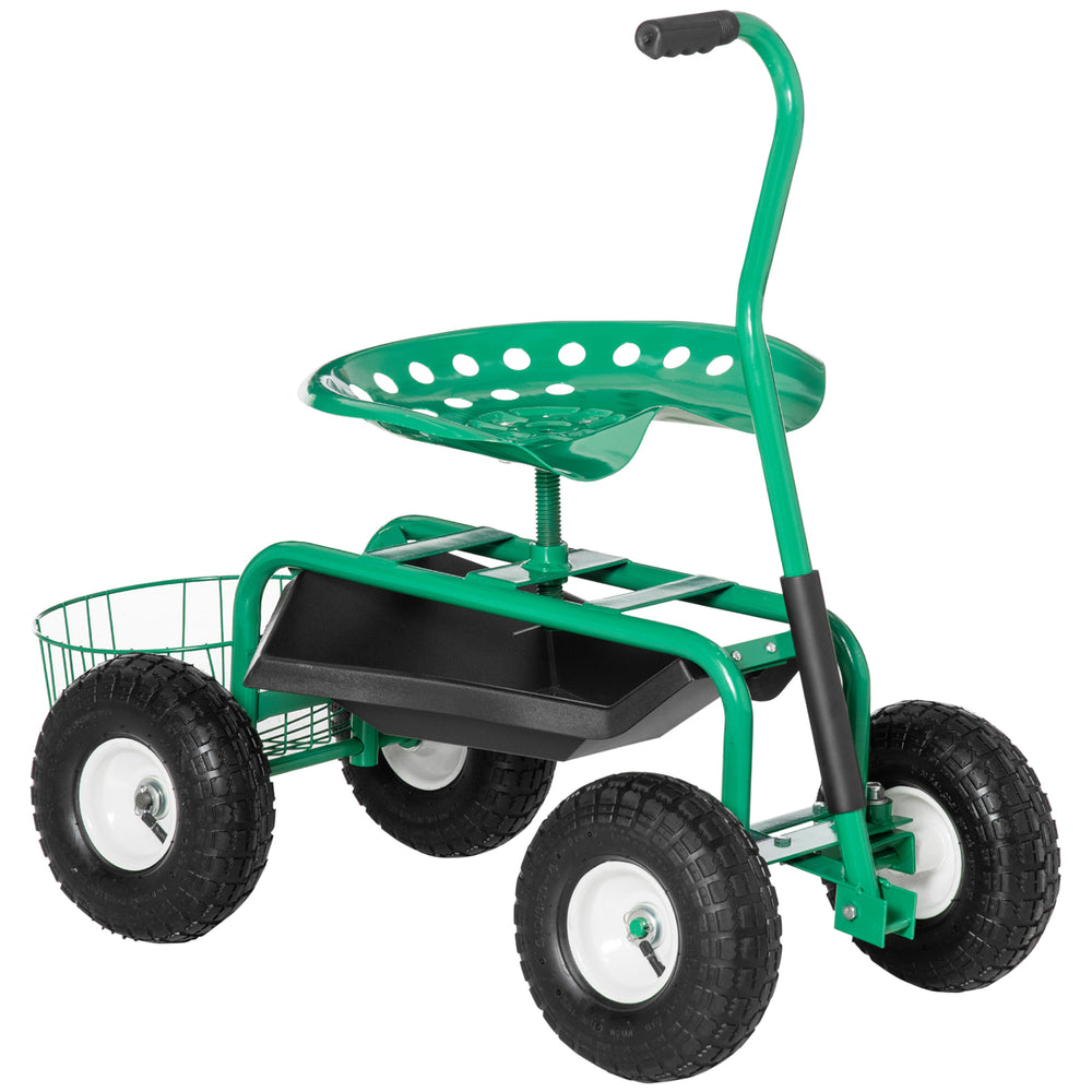 Carrello da giardino con seduta girevole e cestino portaoggetti, verde