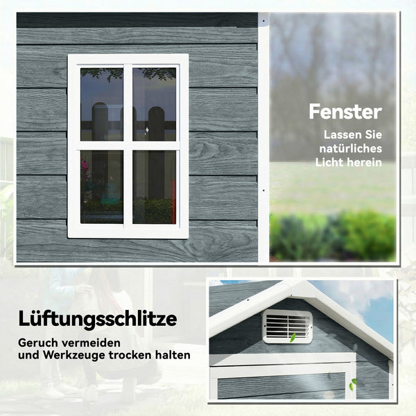 Gerätehaus mit Fenster Satteldach und Belüftung Holzoptik grau