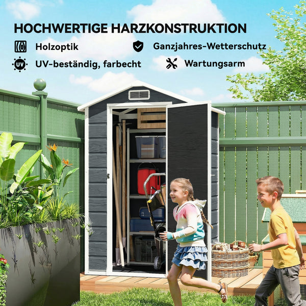 Gerätehaus mit Fenster Satteldach und Belüftung Holzoptik grau