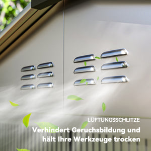 Gerätehaus wetterfest mit Satteldach und Schiebetür grau