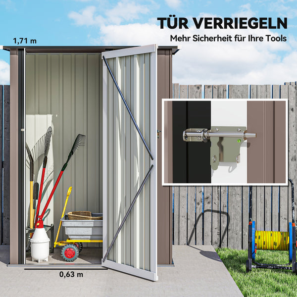 Gerätehaus mit Schrägdach und abschliessbarer Tür Stahl braun