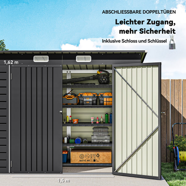 Geräteschuppen mit Doppeltür wetterfest für Garten Stahl grau