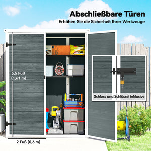 Geräteschuppen Kunststoff abschliessbar mit Doppeltür und Regalen