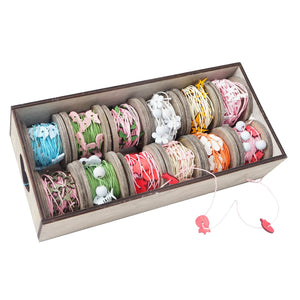 Geschenkband Set mit Holzmotiven, 12 Rollen Deko-Band à 7,5m