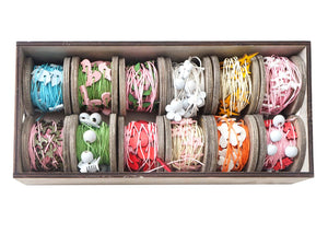 Geschenkband Set mit Holzmotiven, 12 Rollen Deko-Band à 7,5m