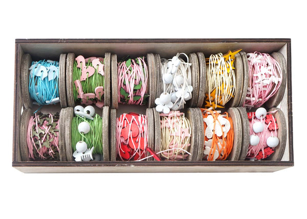 Geschenkband Set mit Holzmotiven, 12 Rollen Deko-Band à 7,5m