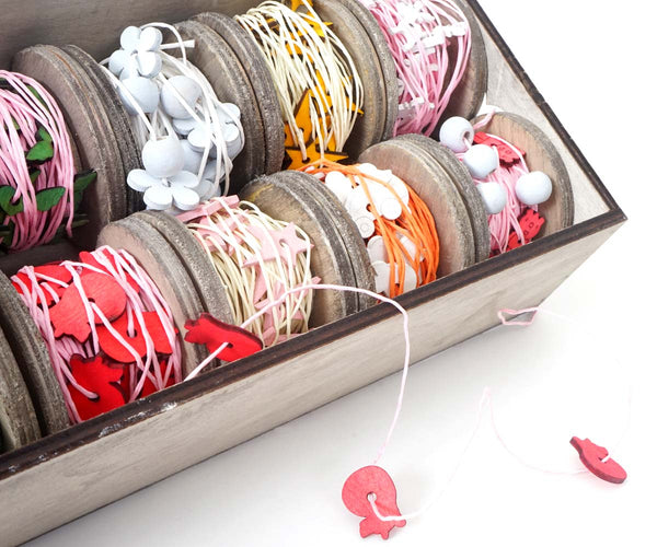 Geschenkband Set mit Holzmotiven, 12 Rollen Deko-Band à 7,5m