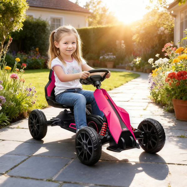 Go-Kart Tretfahrzeug mit Handbremse für Kinder 3-8 Jahre rosa