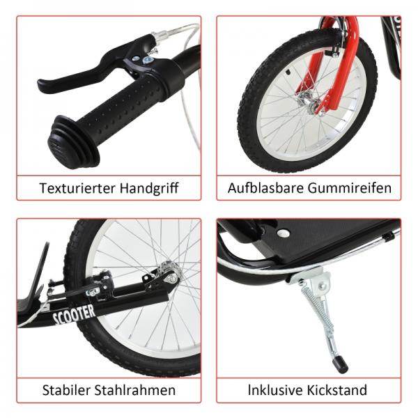 Kinderroller Tretroller Cityroller Kickscooter Kickboard mit Luftreifen und Handbremse 16 Zoll Schwarz