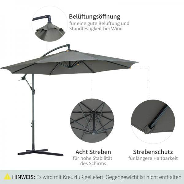 Ampelschirm mit Handkurbel 300cm Rund Stahl Grau