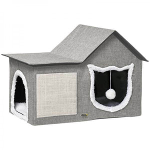 Katzenhaus mit Kratzfläche, inkl. Spielball, Katzenhöhle, Braun + Weiss + Beige