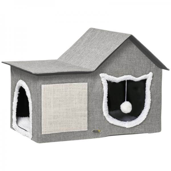 Katzenhaus mit Kratzfläche, inkl. Spielball, Katzenhöhle, Braun + Weiss + Beige