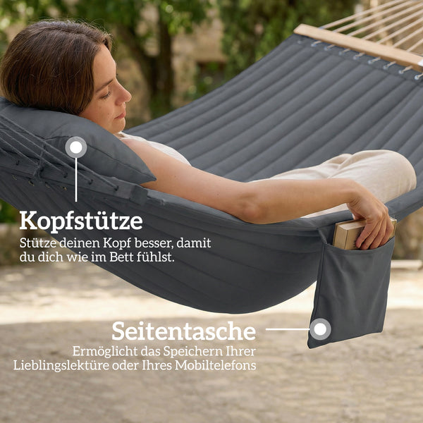 Hängematte Outdoor mit Kopfstütze und Holzstäben 200x140cm