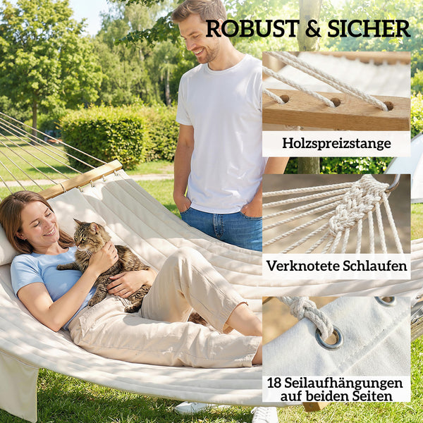 Hängematte Outdoor mit Kopfstütze und Holzstäben 200x140cm