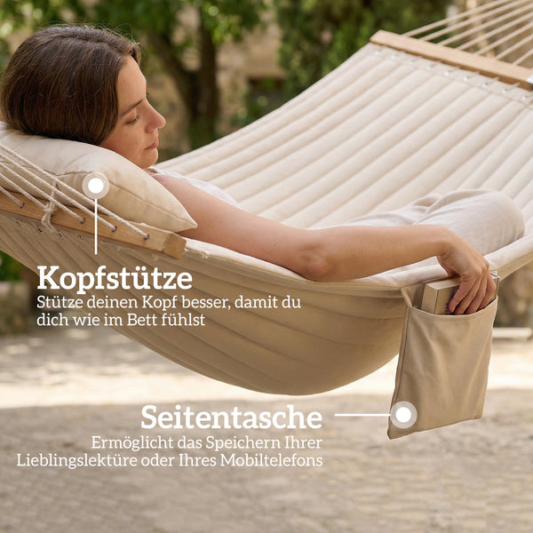 Hängematte Outdoor mit Kopfstütze und Holzstäben 200x140cm
