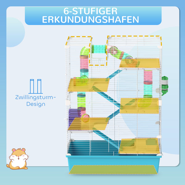 Hamsterkäfig 6-stöckig mit Röhren & Laufrad 58x36x81cm Hellblau