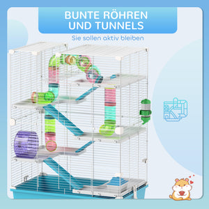 Hamsterkäfig 6-stöckig mit Röhren & Laufrad 58x36x81cm Hellblau