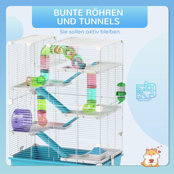 Hamsterkäfig 6-stöckig mit Röhren & Laufrad 58x36x81cm Hellblau