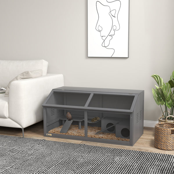 Hamsterkäfig Holz 100cm mit Hängebrücke Dunkelgrau Natur