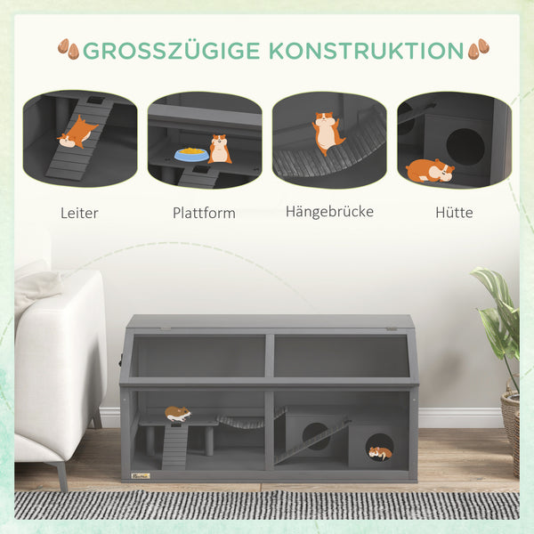 Hamsterkäfig Holz 100cm mit Hängebrücke Dunkelgrau Natur