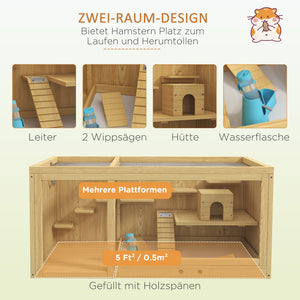 Hamsterkäfig Holz 100cm Spielhaus Schaukeln Leitern Natur