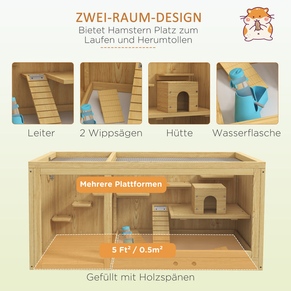 Hamsterkäfig Holz 100cm Spielhaus Schaukeln Leitern Natur
