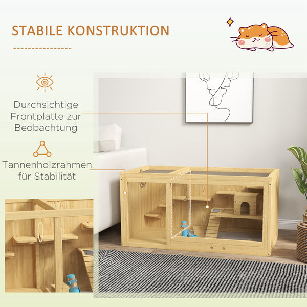 Hamsterkäfig Holz 100cm Spielhaus Schaukeln Leitern Natur