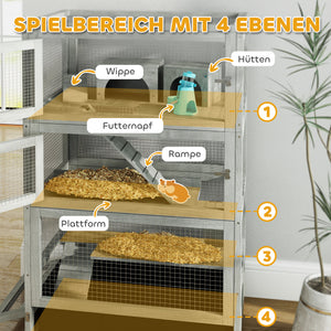 Hamsterkäfig Holz 65x45x109cm mit Schloss Wippe Rampen & Rollen Grau