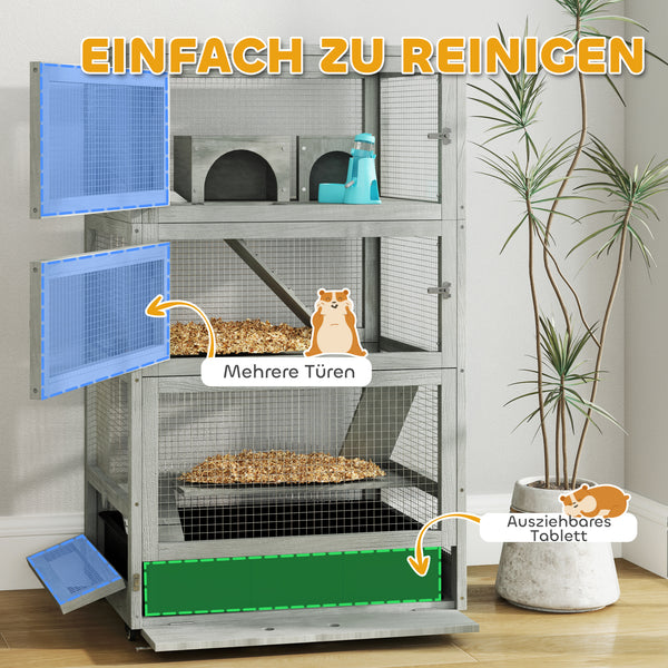 Hamsterkäfig Holz 65x45x109cm mit Schloss Wippe Rampen & Rollen Grau