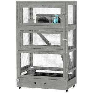 Hamsterkäfig Holz 65x45x109cm mit Schloss Wippe Rampen & Rollen Grau