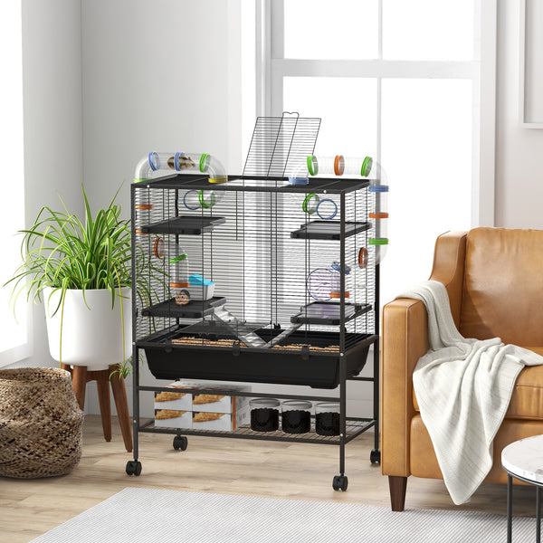 Hamsterkäfig mit Rädern Röhren & Rampen für Rennmäuse & Hamster Schwarz
