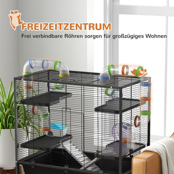 Hamsterkäfig mit Rädern Röhren & Rampen für Rennmäuse & Hamster Schwarz