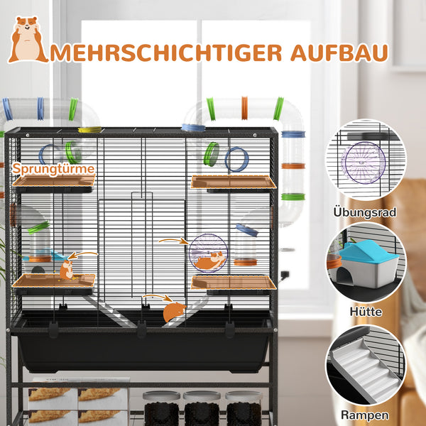 Hamsterkäfig mit Rädern Röhren & Rampen für Rennmäuse & Hamster Schwarz