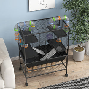 Hamsterkäfig mit Rädern Röhren & Rampen für Rennmäuse & Hamster Schwarz