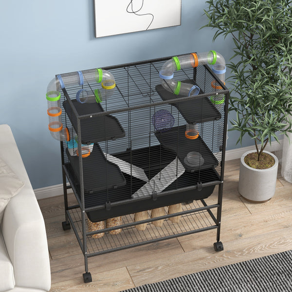 Hamsterkäfig mit Rädern Röhren & Rampen für Rennmäuse & Hamster Schwarz