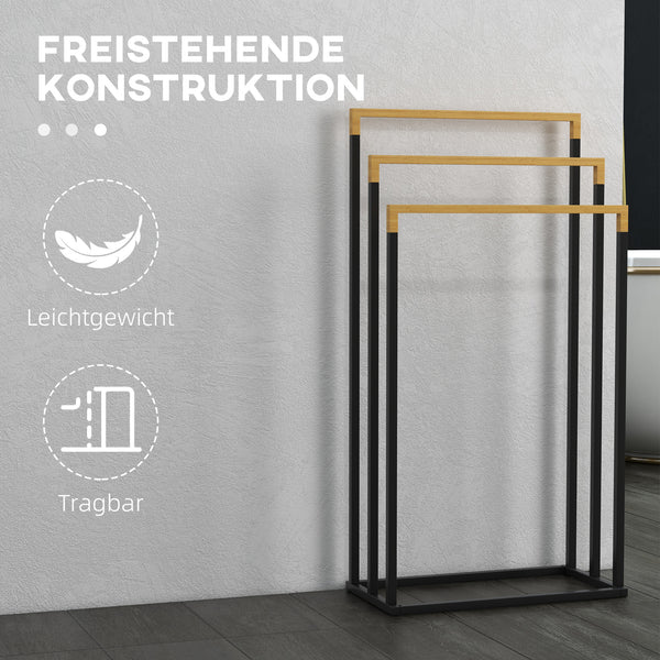 Handtuchhalter für Bad Industriedesign mit 3 Stangen Bambus schwarz