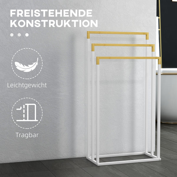 Handtuchhalter Freistehend 3 Stangen Stahl Bambus Weiss