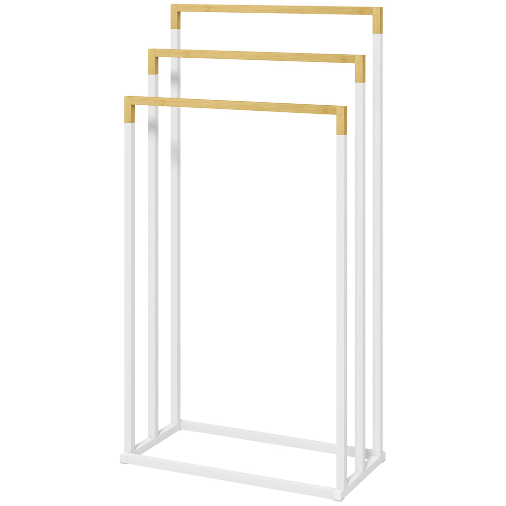 Porte-serviettes sur pied à 3 barres, acier et bambou, blanc