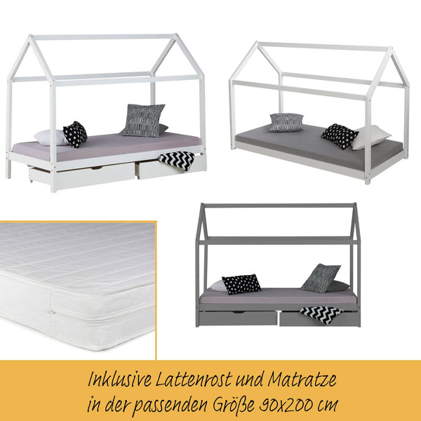 House bed, children's bed 90x200cm, made of wood, white