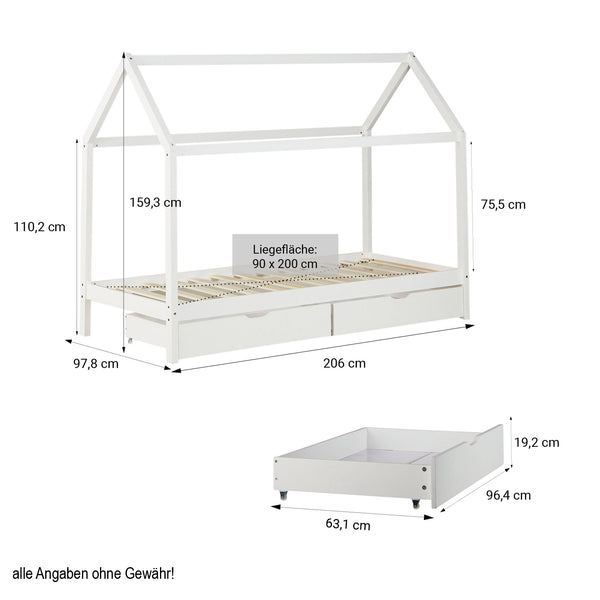 Hausbett Kinderbett 90x200cm aus Holz Weiss