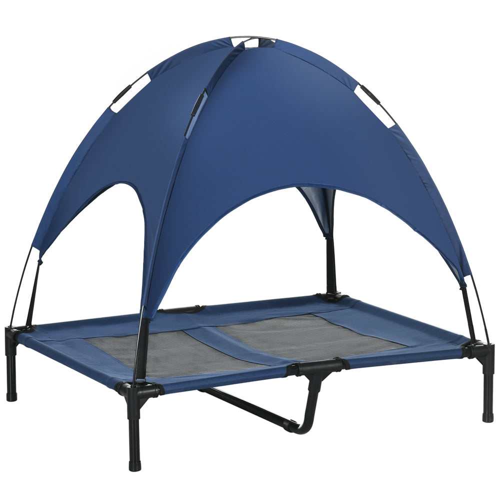 Elevated pet bed with roof, versatile, dark blue