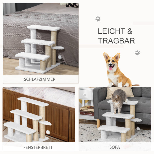 Haustiertreppe mit Kratzbaum für Katzen & Hunde 3-stufig Weiss